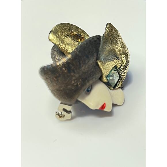 Vintage Artisan Flossie 1992 Art Deco Style Woman's Face Brooch Pin - Picture 2 of 8